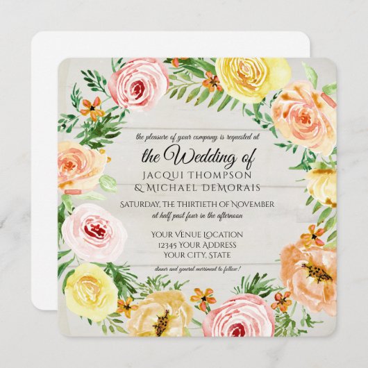 水彩フローラバラリースバラ素朴木材 招待状 (正面/裏面)