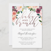 水彩フローラバラ金ゴールドブランチベビーシャワー 招待状 (正面)