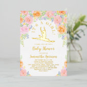 水彩フローラバレリーナベビーシャワーピンク金ゴールド 箔招待状 (立ち正面)