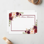 水彩フローラバーガンディパーソナライズされたフレーム ノートカード (正面/裏面インサイチュ)