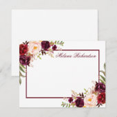 水彩フローラバーガンディパーソナライズされたフレーム ノートカード (正面/裏面)