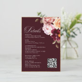 水彩フローラバーガンディ詳細RSVP&QR 結婚's エンクロージャーカード (スタンド正面)