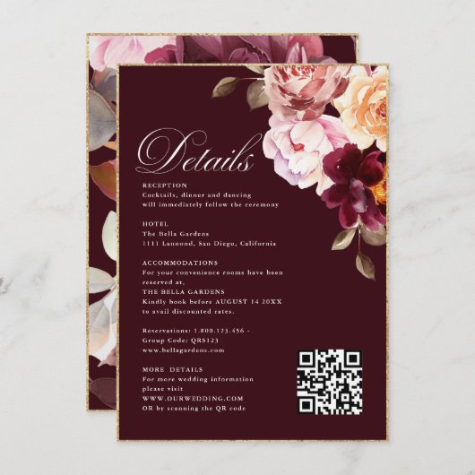 水彩フローラバーガンディ詳細RSVP&QR 結婚's エンクロージャーカード (正面/裏面)