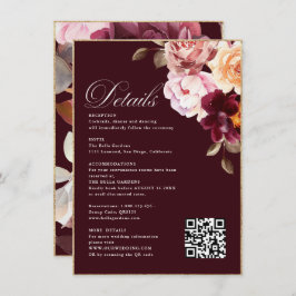 水彩フローラバーガンディ詳細RSVP&QR 結婚's エンクロージャーカード