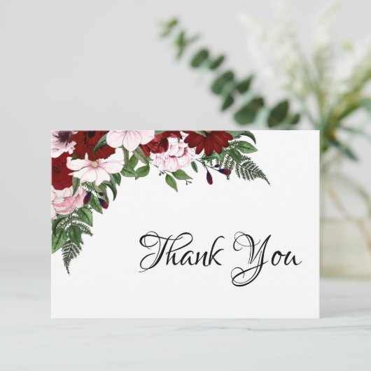水彩フローラバーガンディ赤面ホワイトグリーナリー サンキューカード (スタンド正面)