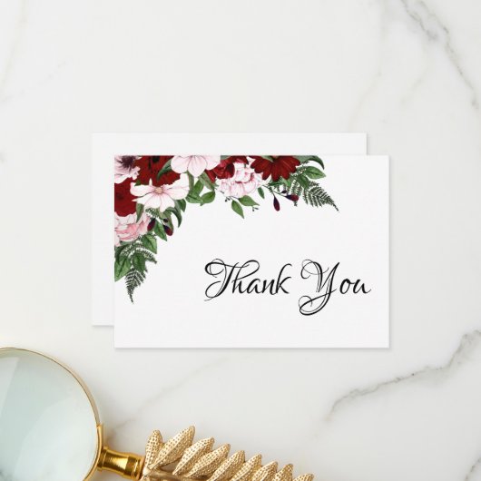 水彩フローラバーガンディ赤面ホワイトグリーナリー サンキューカード (正面/裏面インサイチュ)