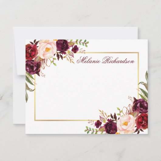 水彩フローラバーガンディ金ゴールドフレームパーソナライズされた ノートカード (正面)
