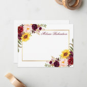 水彩フローラバーガンディ金ゴールドフレーム ノートカード (正面/裏面インサイチュ)