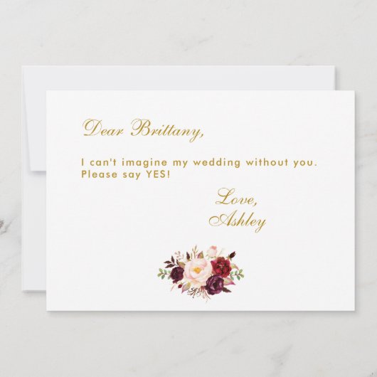 水彩フローラバーガンディ金ゴールドブライドメイド 招待状 (裏面)