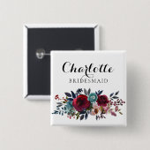 水彩フローラバーガンディBridesmaid 結婚's 缶バッジ (正面&裏面)