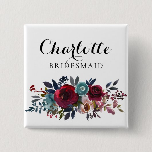 水彩フローラバーガンディBridesmaid 結婚's 缶バッジ (正面)