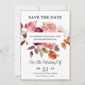 水彩フローラバーガンディRSVPおよびQRコード結婚ズ セーブザデート (正面)