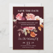 水彩フローラバーガンディRSVPおよびQRコード結婚ズ セーブザデート (正面)