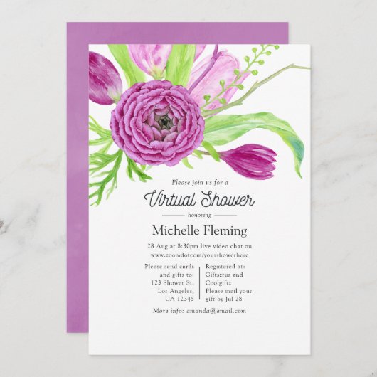 水彩フローラバーチャルベビーシャワー 招待状 (正面/裏面)