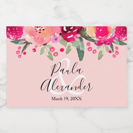 水彩フローラパーソナライズされたス結婚ピンクミニ スパークリングワインラベル (シングルラベル)