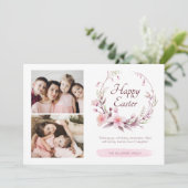 水彩フローラパーソナライズされたフォトピンクのイースター シーズンカード (スタンド正面)