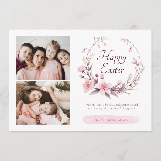 水彩フローラパーソナライズされたフォトピンクのイースター シーズンカード (正面)
