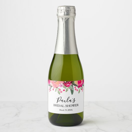 水彩フローラパーソナライズされたブライダルシャワーミニ スパークリングワインラベル (正面)
