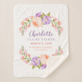 水彩フローラパーソナライズされたベビー誕生状態 シェルパブランケット (正面)