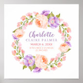 水彩フローラパーソナライズされたベビー誕生状態 ポスター (正面)