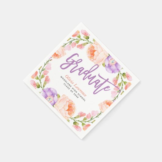 水彩フローラパーソナライズされた卒業パーティー スタンダードカクテルナプキン (角)