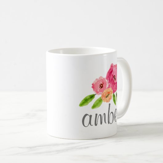 水彩フローラパーソナライズされた名モノグラガーリーム コーヒーマグカップ (正面右)
