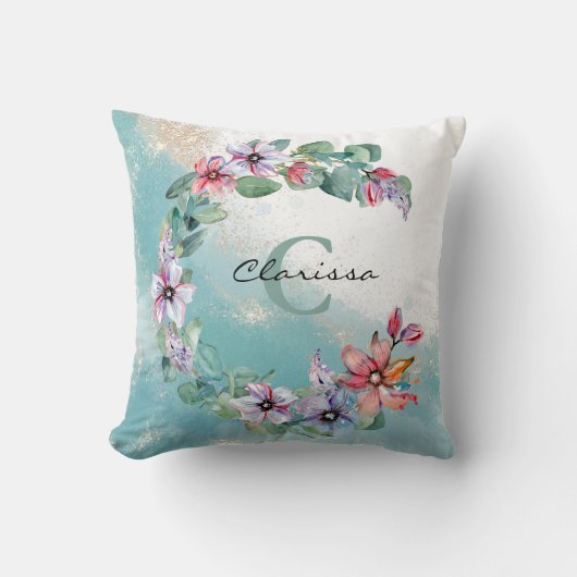 水彩フローラパーソナライズされた装飾用クッション クッション (正面)