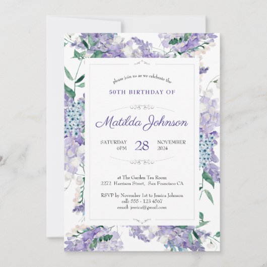 水彩フローラパープルウィステリア50誕生日 招待状 (正面)
