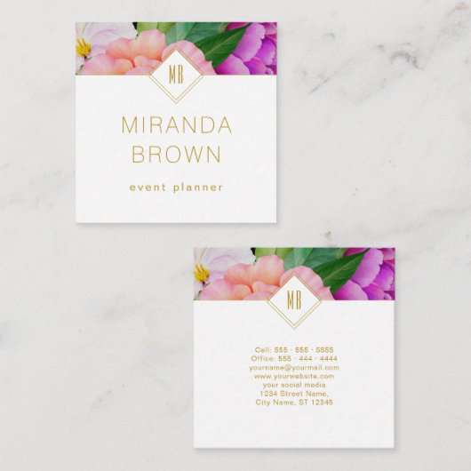 水彩フローラパープルピンクローズモダン スクエア名刺 (正面/裏面)