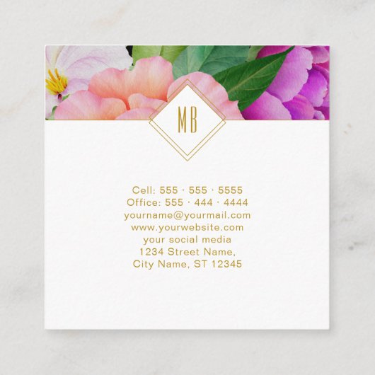水彩フローラパープルピンクローズモダン スクエア名刺 (裏面)