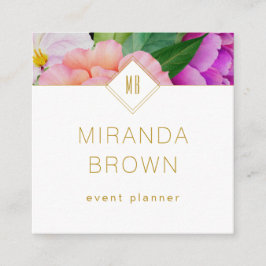 水彩フローラパープルピンクローズモダン スクエア名刺