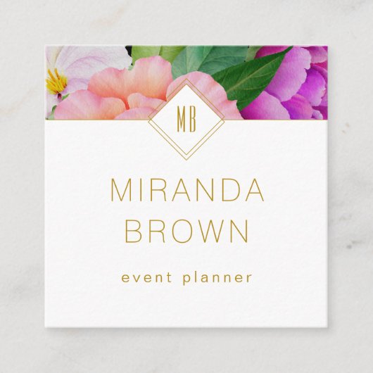 水彩フローラパープルピンクローズモダン スクエア名刺 (正面)