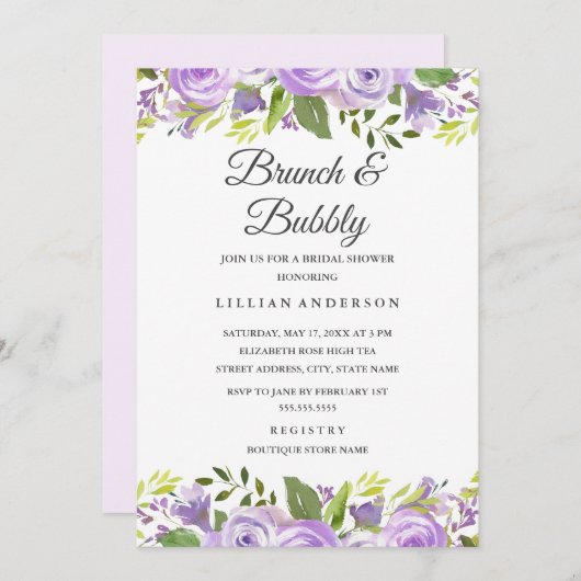 水彩フローラパープルブライダルブランチとバブリー 招待状 (正面/裏面)