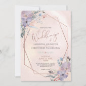 水彩フローラパープル銅バラ金ゴールド結婚ズ 招待状 (正面)