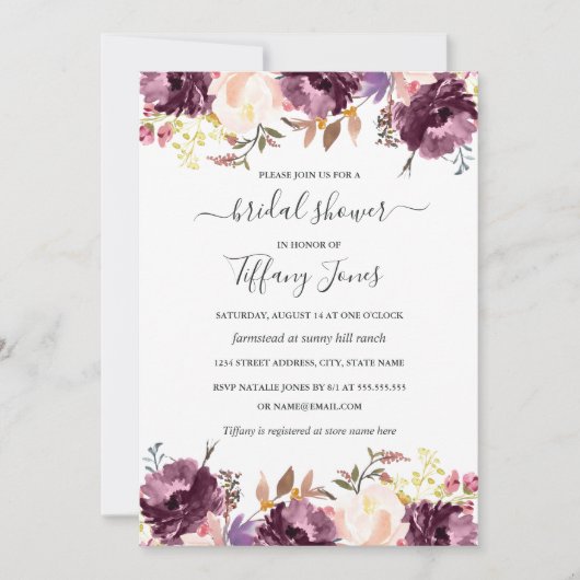 水彩フローラパープル開花ブライダルシャワー 招待状 (正面)