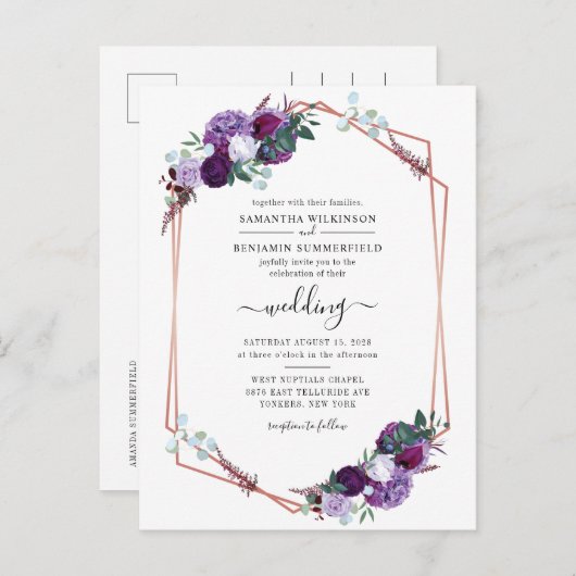 水彩フローラパープル開花結婚ズ インビテーションポストカード (正面/裏面)