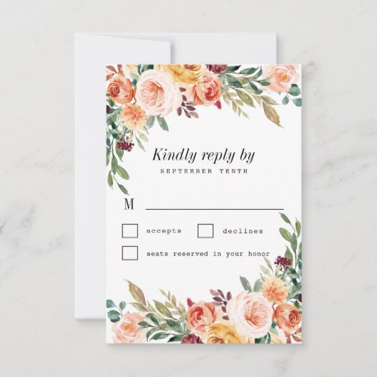 水彩フローラビュッフェ赤面ブルゴーニュ結婚ーズ 出欠カード (正面)