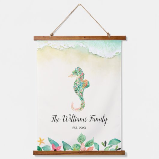 水彩フローラビーチシーホースパーソナライズされた 吊り下げ型タペストリー (正面)