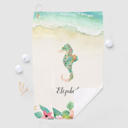 水彩フローラビーチパーソナライズされた水馬 ゴルフタオル (インサイチュ)