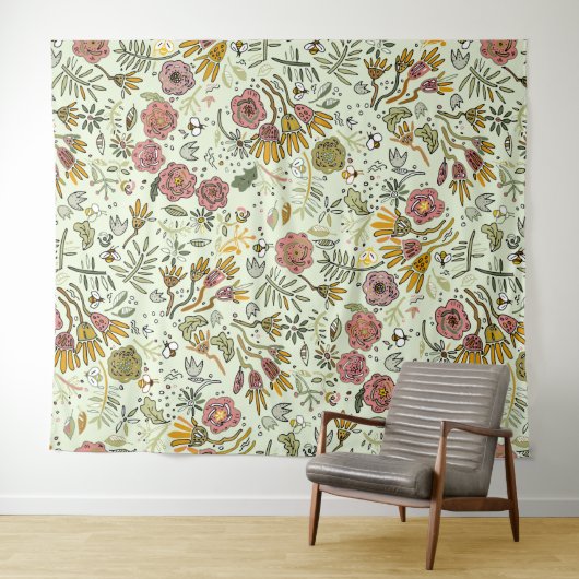 水彩フローラビー花エレガントモダン タペストリー (インサイチュ(横))