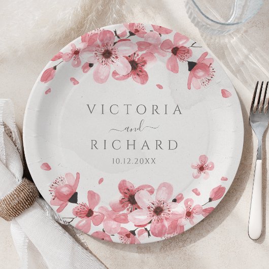 水彩フローラピンクさくらんぼ花 ペーパープレート