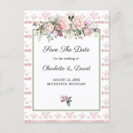 水彩フローラピンクのバラ日付を保存 案内ポストカード