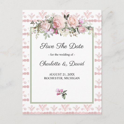 水彩フローラピンクのバラ日付を保存 案内ポストカード (正面)