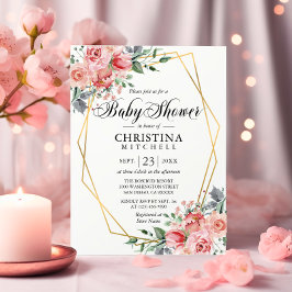 水彩フローラピンクほこりっぽいバラベビーシャワー 招待状