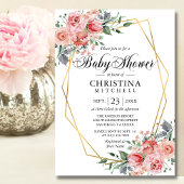 水彩フローラピンクほこりっぽいバラベビーシャワー 招待状