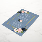 水彩フローラピンクほこりっぽい青い写真金ゴールド 箔招待状 (回転した状態)