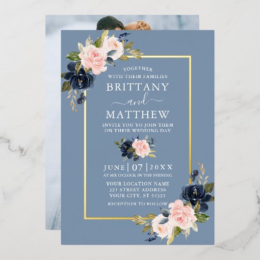水彩フローラピンクほこりっぽい青い写真金ゴールド 箔招待状 (正面/裏面)