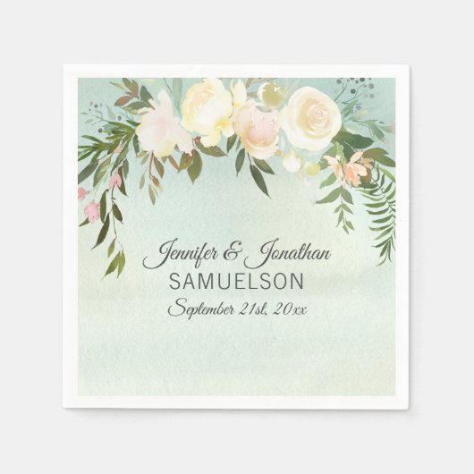 水彩フローラピンクアイボリーミントリース結婚ズ スタンダードカクテルナプキン (正面)