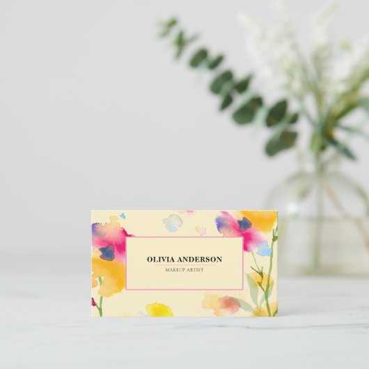 水彩フローラピンクイエローブルーモダン抽象芸術 名刺 (スタンド正面)
