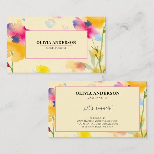 水彩フローラピンクイエローブルーモダン抽象芸術 名刺 (正面/裏面)